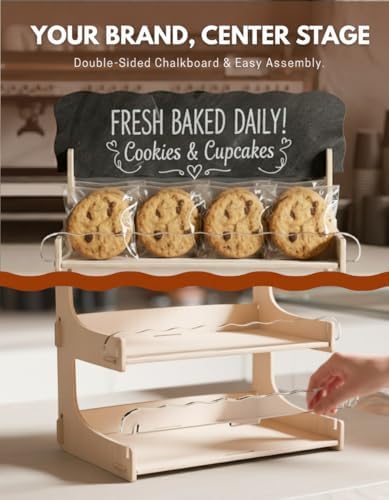 HOTCAN Cookie Display Stand for Bakers & Vendors with Acrylic Front | Wooden Dessert Stand with Chalkboard Sign for Market Booths, Craft Fairs & Events | 3 Tiered Cookie Display for Cupcakes, Muffins & Pastries (Natural) - Image 5