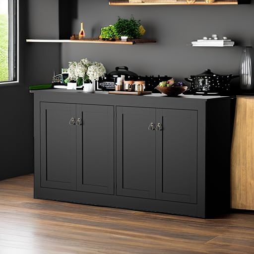 Cozy Castle Buffet Cabinet with Storage - Kitchen Storage Cabinet Wood Console Table Coffee Bar Accent Cabinets for Living Room Dining Room Entryway Black 57.5" W