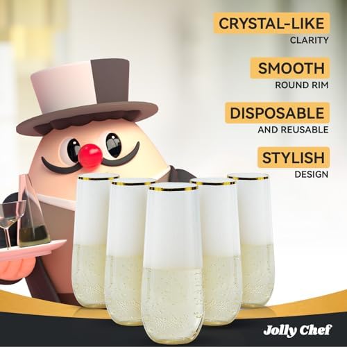 JOLLY CHEF 24 Pack 9 oz Stemless Plastic Champagne Flutes Gold Rim Glasses - Image 4