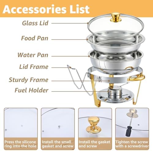 Chafing Dishes for Buffet，2PACK 4.5QT Round Chafing Dishes for Buffet, Gold and Silver Stainless Steel Chafing Dish Buffet Set with Glass Lid and Lid Holder for Home Parties,Wedding,Church Events - Image 3