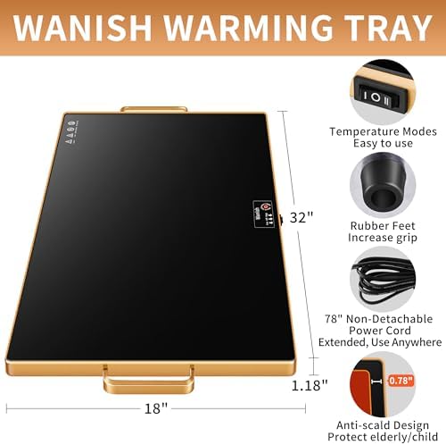 Electric Warming Tray,XXL 32"x18",Tempered Glass Warming Mat for Food,Black - Image 2