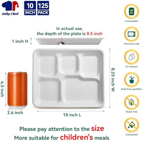 Compostable 5 Compartment 10*8.25*1 Inch 125 Pack Heavy Duty Paper Plates - Image 2