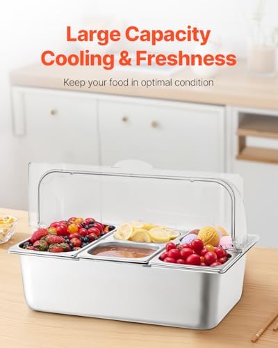 VEVOR Countertop Food Serving Display Container, 5 Pan Stainless Steel Food Serving Tray, Buffet Condiment Dispenser Display Rack with Clear Lid & 3 Freezer Boxes, for Restaurant Hotel Kitchen Party - Image 4