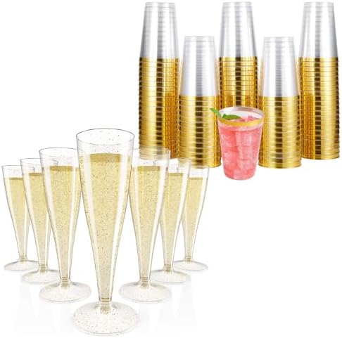 JOLLY CHEF 100 Pack 4.5 oz Gold Glitter Plastic Champagne Glasses & 12 oz Elegant Gold Rimmed Plastic Cups by JOLLYCHEF
