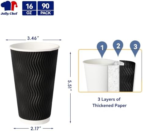 JOLLY CHEF Paper Coffee Cups 16 oz 90 Pack Insulated Paper Cups Black - Image 2