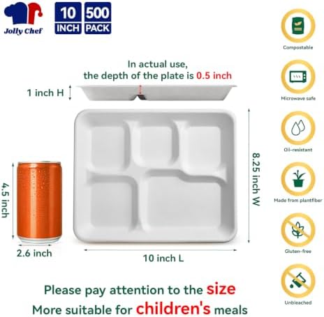 Compostable 5 Compartment 10*8.25*1 Inch 500 Pack Heavy Duty Paper Plates - Image 2