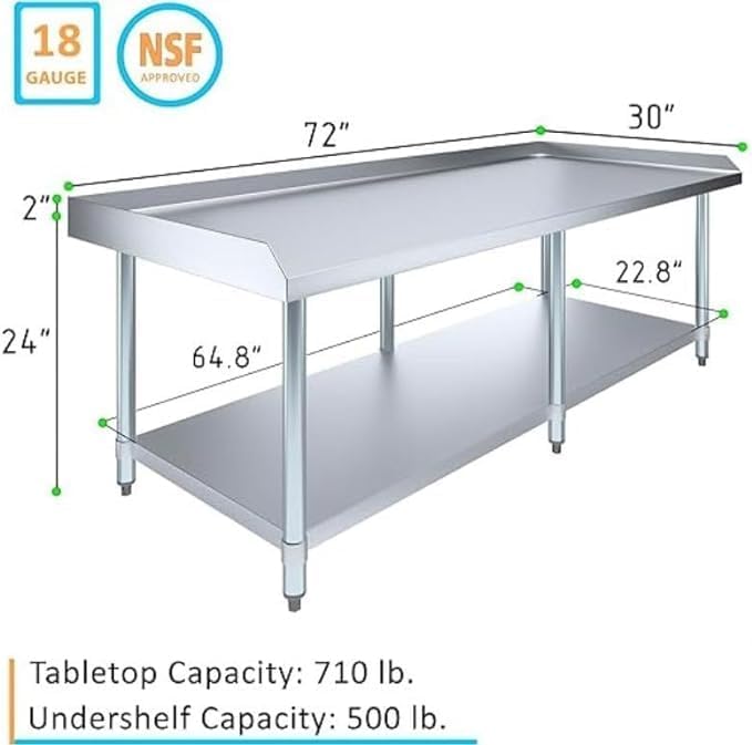 Stainless Steel Equipment Grill Stand with Adjustable Undershelf | Heavy Duty 18-Gauge Top | NSF Certified for Kitchens, Utility Rooms & Catering (72" x 30")