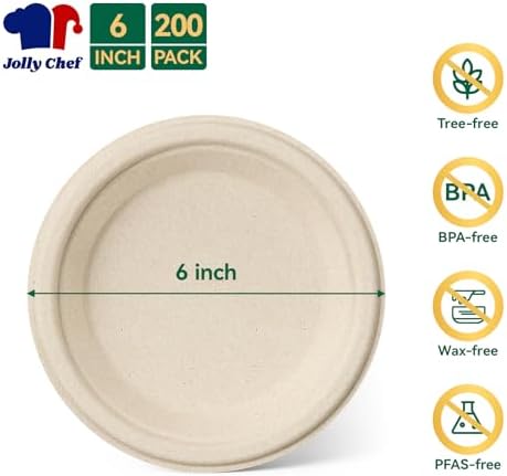 JOLLY CHEF Small Dessert Paper Plates 6 Inch 200 Pack Compostable Nature - Image 5
