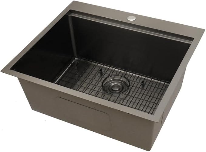 STARSTAR Workstation Ledge Topmount/Drop-in Single Bowl Satin Matte 304 Stainless Steel Kitchen/Yard/Bar/Laundry/Office Sink, With Grid, Colander, Cutting Board, Strainer (25x22x10 Black)