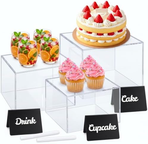 SiliFine 3 Pcs Acrylic Buffet Risers with Price Signs and Markers, Clear by SiliFine