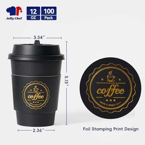 JOLLY CHEF 100 Pack 12 oz Disposable Coffee Cups with Lids Sleeves Stirrers - Image 2