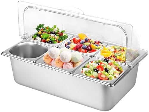 Countertop Food Serving Display Container with Clear Lid, Stainless Steel Serving Tray Catering Supplies Buffet Display Condiment Container for Restaurant Hotel Kitchen (6 Pan) by Julymoda