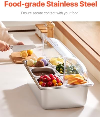 VEVOR Countertop Food Serving Display Container, 6 Pan Stainless Steel Food Serving Tray, Buffet Condiment Dispenser Display Rack with Clear Lid & 3 Freezer Boxes, for Restaurant Hotel Kitchen Party - Image 2
