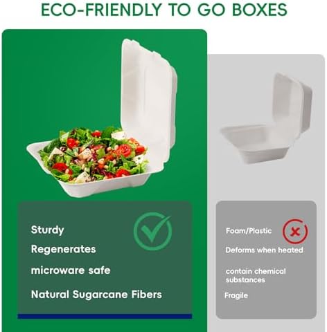 8" 50 Pack Sugarcane Clamshell Take Out Food Containers 1 Compartment - Image 7