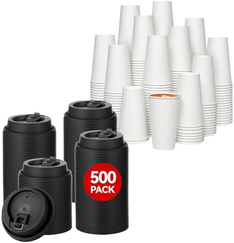 JOLLY CHEF 500 Pack Disposable Plastic Black Lids 3.6'' for 10, 12, 16, 20 oz Paper Coffee Cups, 1000 Pack Paper Coffee Cups 16 oz by JOLLYCHEF