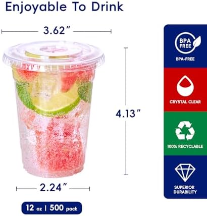 JOLLY CHEF 12 oz Plastic Cups with Lids, 500 Packs Crystal PET Clear Cups - Image 2