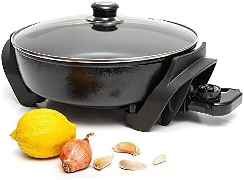 Moss & Stone Round Electric Skillet with Lid – 12x12 Inch Aluminum Nonstick Electric Frying Pan 5Qt, Adjustable Temperature Control, Vented Glass Lid, Dishwasher Safe, Heat-Resistant Handles