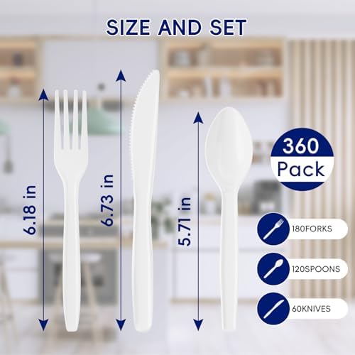 360 White Plastic Silverware, Utensils Set 180 Forks, 120 Spoons, 60 Knives - Image 2