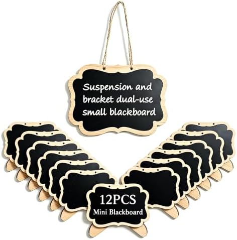 12 Pack Mini Chalkboard Signs with Stand, Wooden Hanging Blackboard Labels, Small Chalkboard Food Labels for Party Buffet, Wedding Table Numbers, Place Cards, Dessert Display, Message Board. by weizedm