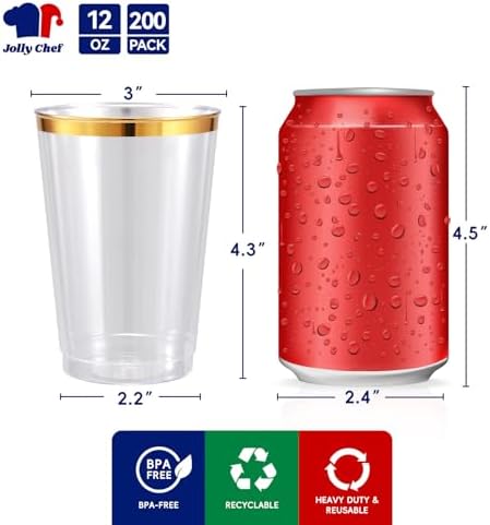 JOLLY CHEF 200 Pack Gold Plastic Cups, 12 oz Disposable Party Cups - Image 2