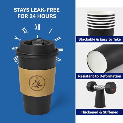 JOLLY CHEF 16 oz Black Coffee Cups with Lids, Sleeves & Stirrers 100 Pack - Image 2