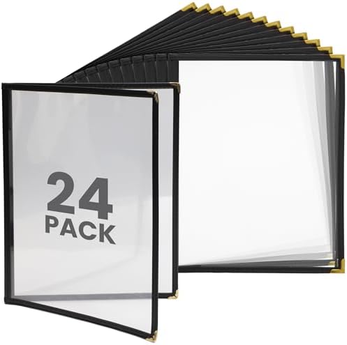 Juvale 24 Pack Clear Restaurant Menu Covers - 8.5 x 11 in Bifold Holders with Double Panels, Black PU Leather & Brass Corners, Durable PVC - Stylish Menu Holders for Restaurants, Cafes & Food Trucks by Juvale
