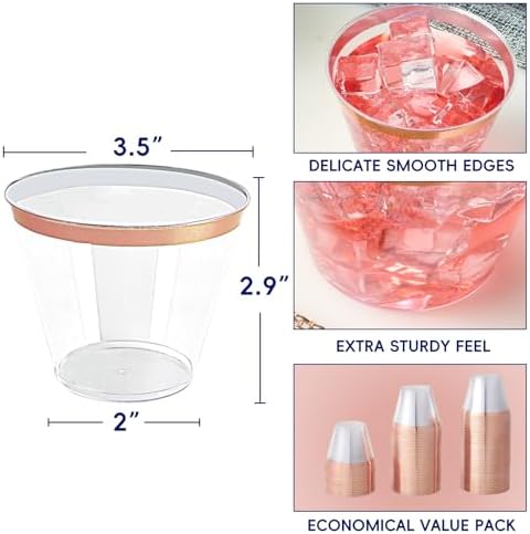 JOLLY CHEF 100 Pack 12oz Elegant Rose Gold Rim Disposable Plastic Cups, 9 oz Clear Plastic Cups Tumblers - Image 7