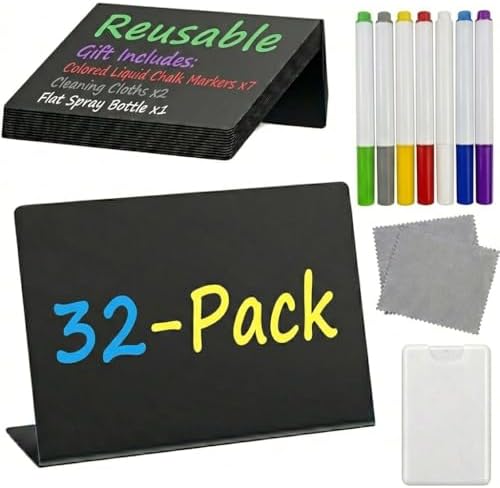 Mini Chalkboard Signs for Food Display, 32 Pack 4"x3" Buffet Food Labels with Liquid Chalk Markers, Reusable Small Chalkboard Table Signs for Wedding, Party, Bakery, Buffet (32, Black L-shaped) by CYDDUP