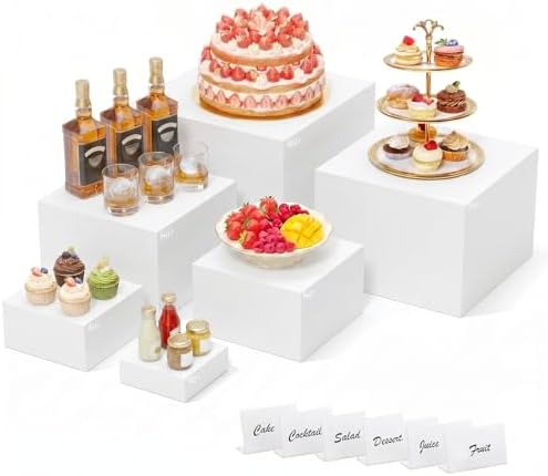 6 Pcs White Acrylic Buffet Risers with Mini Sign, Buffet Table Acrylic Cube Food Display Stands Party Catering Dessert Jewelry Collectibles, Acrylic Cube Nesting Boxes with Hollow Bottoms Home Storage ( 8" 7" 6" 5" 4" 3") by Unknown