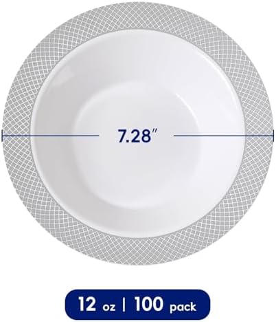 JOLLY CHEF Plastic Bowls with Silver Grid Rim Disposable 12oz Bolws 100Pack - Image 2