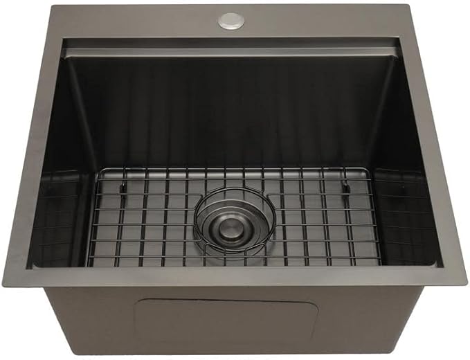 STARSTAR Workstation Ledge Topmount/Drop-in Single Bowl Satin Brass Matte Stainless Steel Kitchen/Yard/Bar/Laundry/Office Sink, With Grid, Colander, Cutting Board, Strainer with Basket (23x20x9 Black)