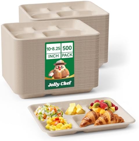Compostable 5 Compartment 10*8.25*1 Inch 500 Pack Heavy Duty Paper Plates by JOLLYCHEF