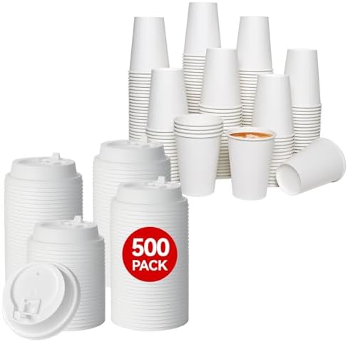 JOLLY CHEF 500 Pack Disposable Plastic White Lids 3.6'' for 10, 12, 16, 20 oz Paper Coffee Cups, 1000 Pack Paper Coffee Cups 12 oz by JOLLYCHEF