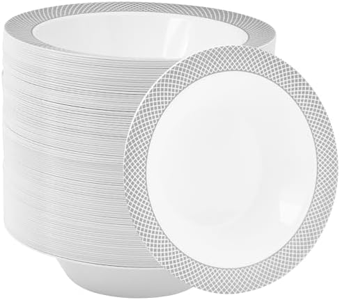 JOLLY CHEF Plastic Bowls with Silver Grid Rim Disposable 12oz Bolws 100Pack by JOLLYCHEF