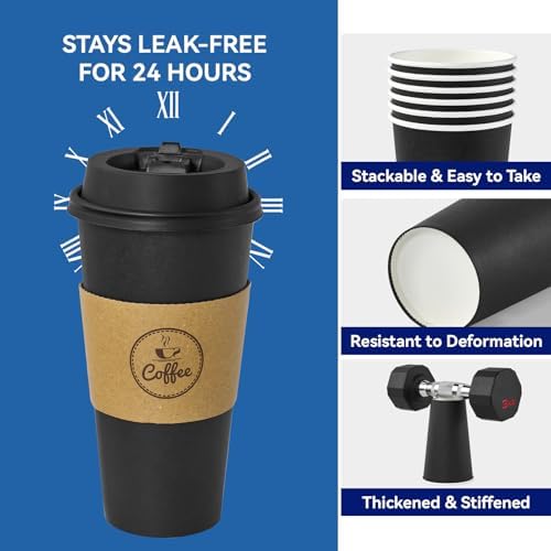 20 oz Black Paper Coffee Cups with Lids, Sleeves and Stirrers 100 Count - Image 2