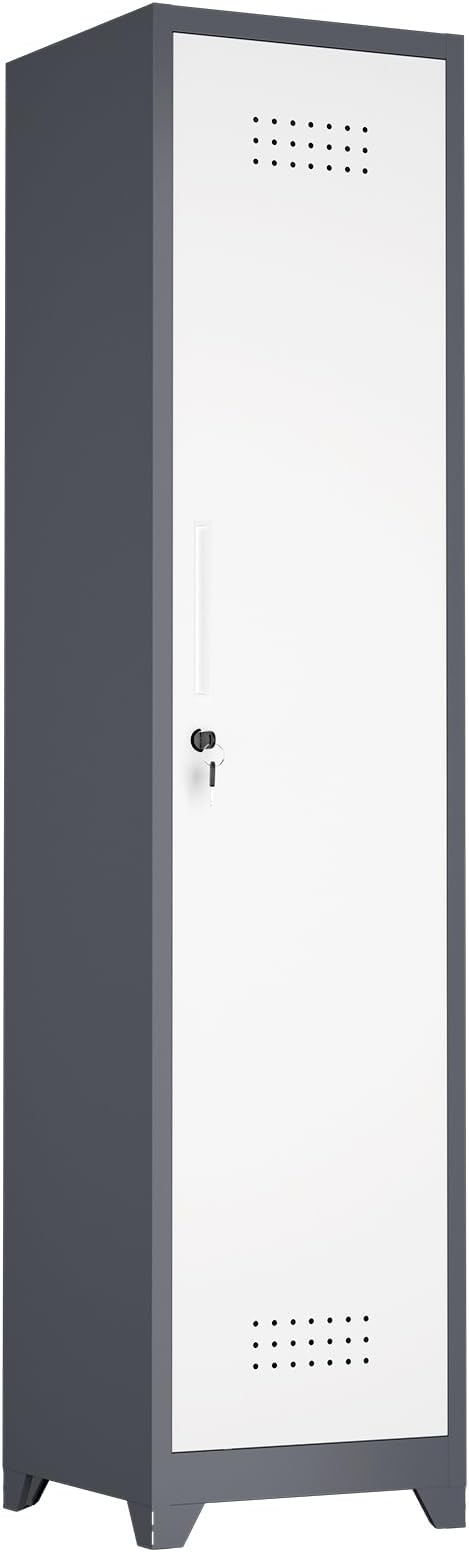 Narrow Storage Cabinet,Metal Slim Cabinet with Shelves,Utility Storage Cabinet with Hanging Rod,Tall Bathroom Storage Cabinets with Locking Door for Office, Gym, Garage,Grey