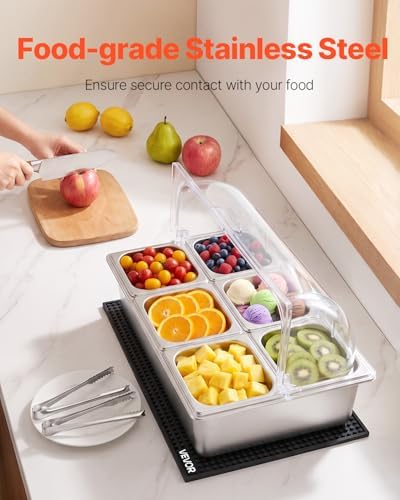 VEVOR Countertop Food Serving Display Container, Stainless Steel Food Salad Server Tray, Buffet Condiment Dispenser, Ice Cooled Rack with Clear Roll Top Cover, for Restaurant Hotel (6x1/6 Pan x2) - Image 2