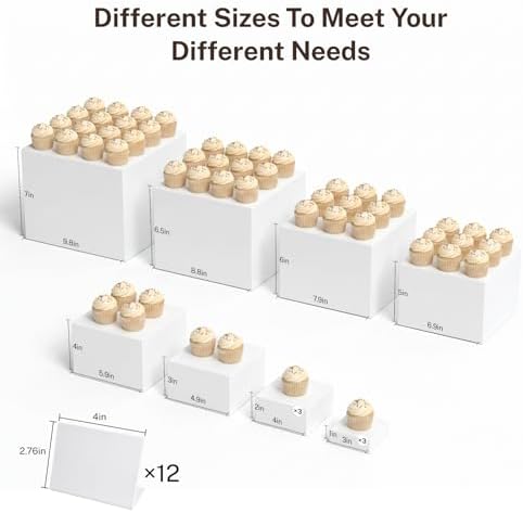 12 Pcs White Acrylic Buffet Risers with Mini Sign, Buffet Table Acrylic Cube Food Display Stands Party Catering Dessert Jewelry Collectibles, Acrylic Cube Nesting Boxes with Hollow Bottoms Home Storage (10" 9" 8" 7" 6" 5" 4" 4" 4" 3" 3" 3") - Image 2