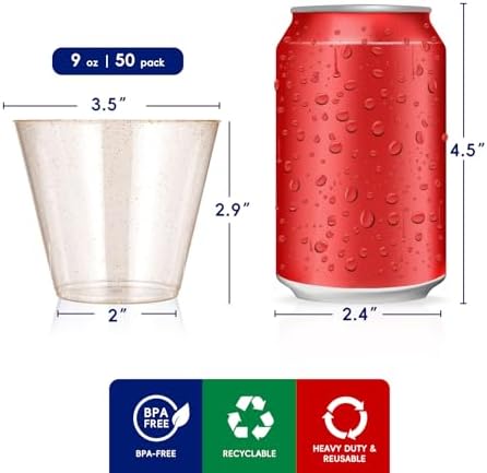 JOLLY CHEF 50 Pack 9 oz Gold Glitter Plastic Cups, Disposable Party Cups - Image 2