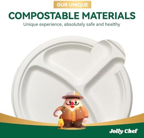 JOLLY CHEF Heavy Duty Compostable 3 Compartment Paper Plate 9 Inch 150 Pack - Image 7