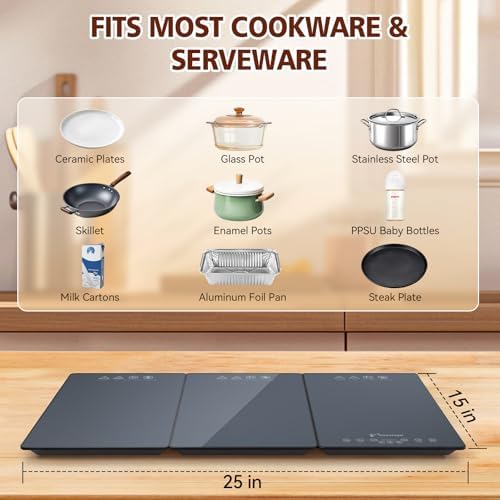 25" x 15" Food Warmers for Parties Buffet, 3-in-1 Electric Warming Trays for Buffets Party, Glass Food Warming Mat with 17 Heat Levels & 12H Timer for Family Dinners Catering - Image 6
