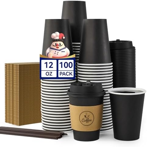 JOLLY CHEF 12 oz Black Coffee Cups with Lids, Sleeves & Stirrers 100 Pack by JOLLYCHEF