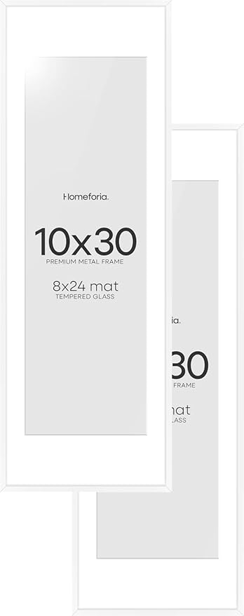Homeforia 10x30 Picture Frame White, High End Metal 10x30 Poster Frames with Mat 8x24 inch Photo, 10 x 30 White Frames Matted to 8 by 24 Print, 30x10 Panoramic Frames, Tempered Glass, Wall Kit, Set of 2