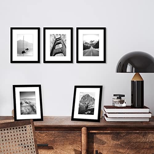Americanflat 8x10 Picture Frame with Polished Plexiglass - Set of 5 - Use as 5x7 Frame with Mat or Display 8x10 Photo Without Mat - Galleria Collection - Picture Frames for Tabletop and Wall - Black