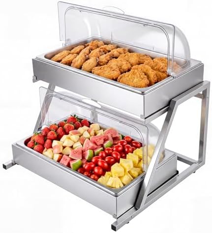 VEVOR Countertop Food Serving Display Container, 2 Tier Stainless Steel Food Salad Server Tray, Buffet Condiment Dispenser, Ice Cooled Rack with Clear Roll Top Cover, for Restaurant Hotel (1/1 Pan x2) by VEVOR