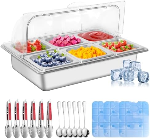 Countertop Ice Food Serving Display Tray with 6 Pan, Portable Salad Bar Buffet Station for Home, Cold Food Buffet Server, Stainless Steel Pizza Topping Station with Clear Roll Top Cover, 3 Ice Packs by Unknown