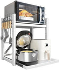 Adjustable 2-Tier Microwave Stand with Pull-Out Tray, Metal Kitchen Organizer Rack, Space-Saving Storage for Rice Cooker & Kitchen Essentials, 6 Hooks, Gray, Compact Design