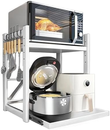 Adjustable 2-Tier Microwave Stand with Pull-Out Tray, Metal Kitchen Organizer Rack, Space-Saving Storage with 6 Hooks for Rice Cooker & Kitchen Essentials