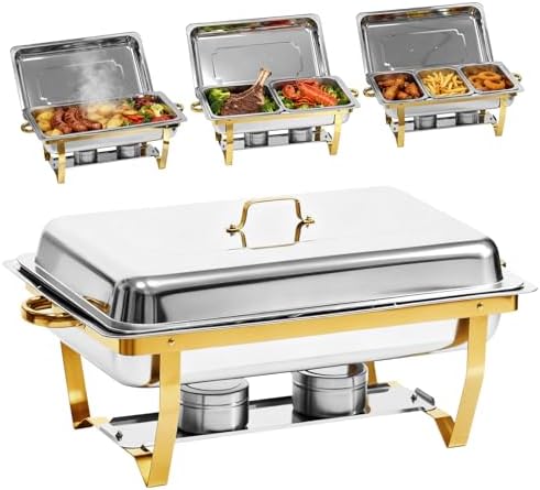 9Qt Chafing Dishes for Buffet, Gold 304 Stainless Steel Chafing Dish Sets, Food Warmers for Parties, Buffet Servers and Warmers, Warming Trays for Buffets Party, Multiple Size Food Pans, 4 Pack by Unknown