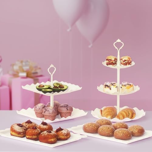 10 Pack Cake Stand Set with 3 x Two-Tier and 3 x Three-Tier Cupcake Stands, Plastic Dessert Table Stand Set 3 Tired Cookie Tray and 4 Pcs Dessert Trays - Image 4